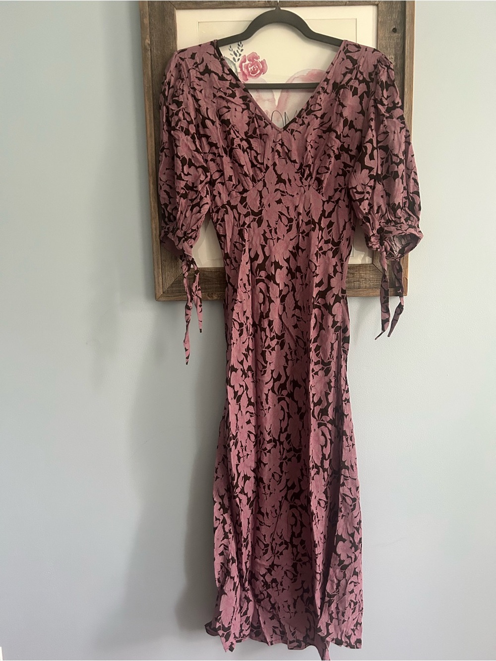 Free People Dusty Mauve Floral Midi Dress with Puff Sleeves